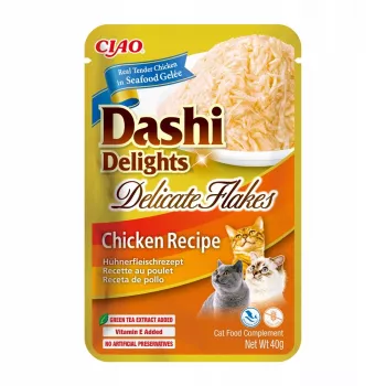 Snack de alimento húmedo INABA Dashi Delights Delicate Flakes pollo 40 g – dietético, 86 % de humedad, 12 % de proteína
