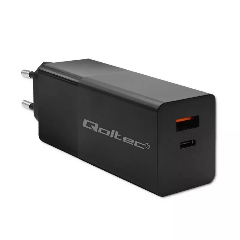 Qoltec 52382 Cargador GaN POWER PRO | 1xUSB Type C | 1xUSB A | 100W | 5-20V | 1.5-5A | PD | negro