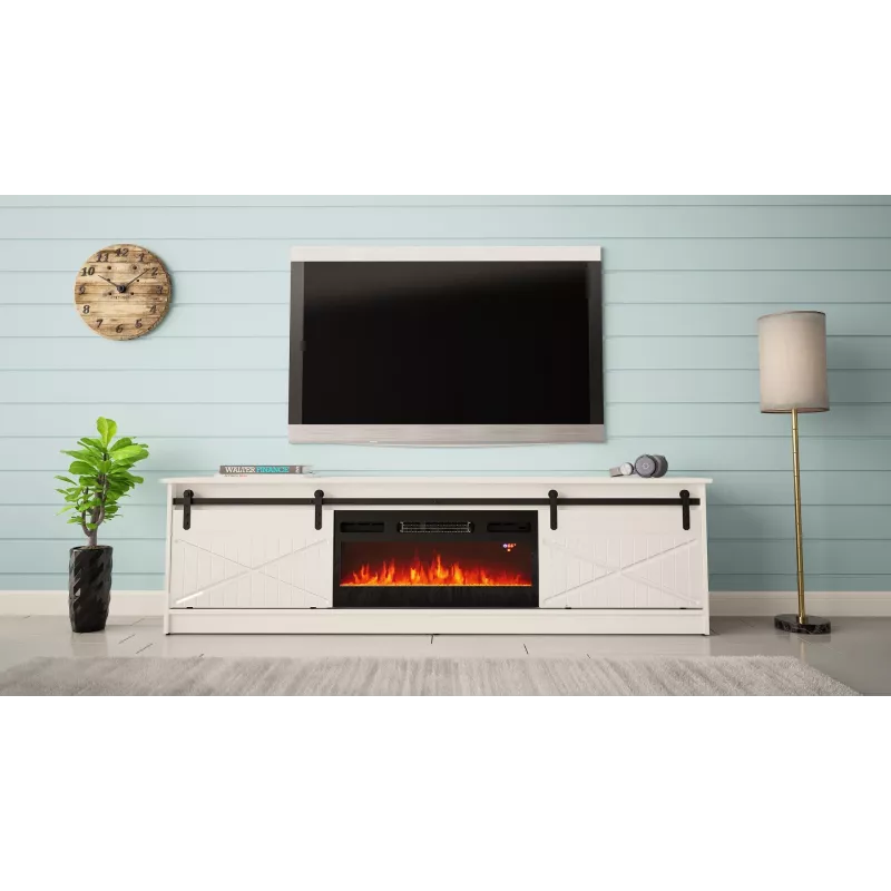 Mueble TV con chimenea eléctrica Cama Meble GRANERO modelo RTV GRANERO + KOM B/B, 200 x 56,7 x 35 cm, blanco/blanco brillante, 2 puertas, 2 estantes, MDF/tablero de partículas