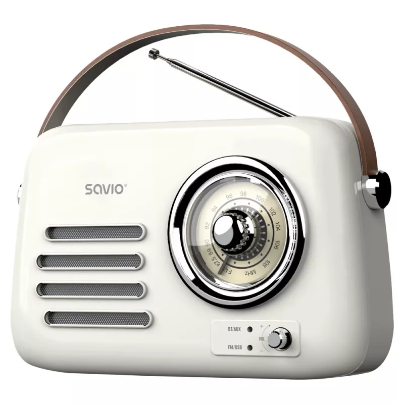 Radio portátil SAVIO RS-02 — sintonizador FM analógico, Bluetooth 5.3, alimentación por USB, 3 W, blanco