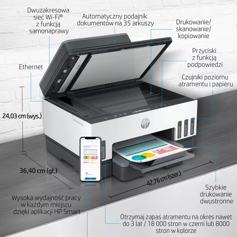 HP Smart Tank 750 impresora multifunción, depósito de tinta, color, WLAN, Smart App, dúplex, ADF, alimentador automático de documentos