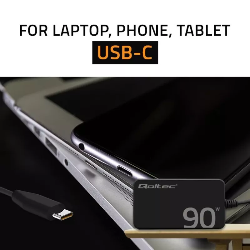 Cargador de pared Qoltec 90W GaN Super Fast SLIM | XP | 5-20V | 4,5A | USB-C 3.1 | portátil | MacBook | smartphone | + cable