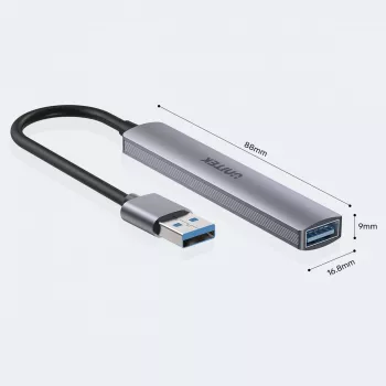 Unitek H1208A hub USB-A, 4 puertos (1x USB-A 5 Gbps, 3x USB-A 2.0), aluminio, plateado