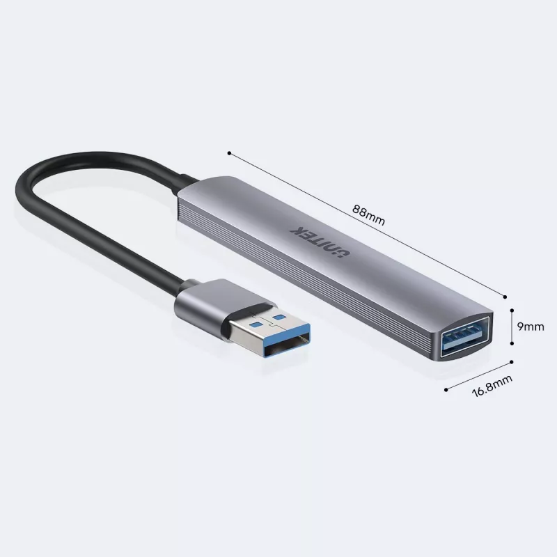 Unitek H1208A hub USB-A, 4 puertos (1x USB-A 5 Gbps, 3x USB-A 2.0), aluminio, plateado