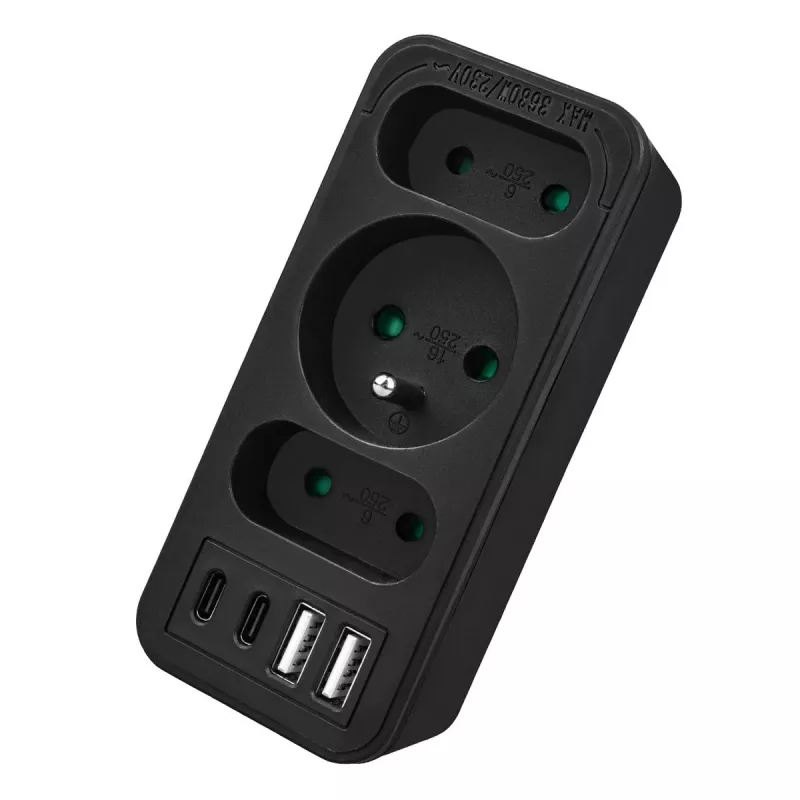 Regleta de enchufes MACLEAN MCE248 F/B — 3 tomas AC (1x16A, 2x6A) y 4 puertos USB (2xUSB‑A, 2xUSB‑C PD 20W), conector EU, negro