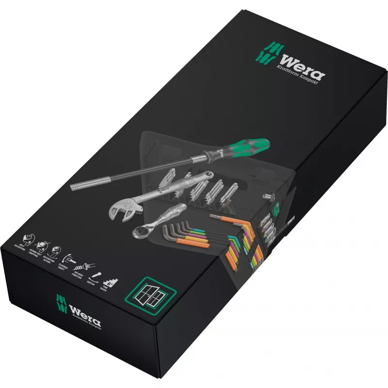 Kraftform Kompakt F 1, para carpinteros de ventanas, 35 piezas, set de herramientas negro/verde, incl. carraca de puntas Zyklop Mini 1, 1/4