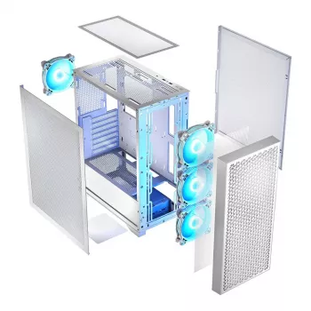Caja de PC LOGIC Dart Pro Midi ARGB blanca — torre Midi, ATX, 456×200×385 mm, GPU máx. 34 cm, altura de disipador de CPU 155 mm, 3x120mm frontal + 1x120mm trasero, USB 3.0 x2, USB-C x1