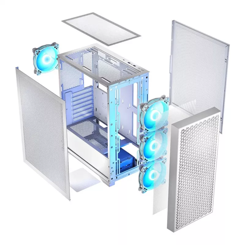 Caja de PC LOGIC Dart Pro Midi ARGB blanca — torre Midi, ATX, 456×200×385 mm, GPU máx. 34 cm, altura de disipador de CPU 155 mm, 3x120mm frontal + 1x120mm trasero, USB 3.0 x2, USB-C x1