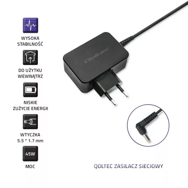 Fuente de alimentación QOLTEC 45W 19V 2,37A con conector de 5,5x1,7 mm