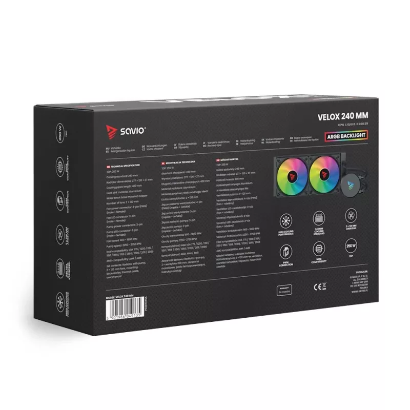 Set de refrigeración líquida SAVIO VELOX 240 mm negro — radiador de 240 mm, 205×450 mm, 2 ventiladores, TDP 250 W