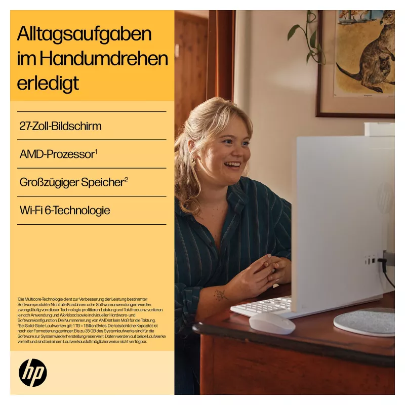 HP 27-cr0471ng - Todo en uno (solución completa) - Ryzen 7 7730U - RAM 16 GB - SSD 512 GB - NVMe - Radeon Graphics - 1GbE, Wi-Fi 6, Bluetooth - WLAN: 802.11a/b/g/n/ac/ax, Bluetooth
