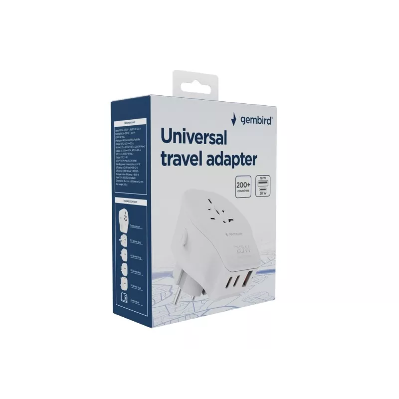 Adaptador de viaje de pared GEMBIRD TPA-1A2C20-02-W 20W — 1xUSB-A + 2xUSB-C, enchufe tipo G, 100–250 V, blanco