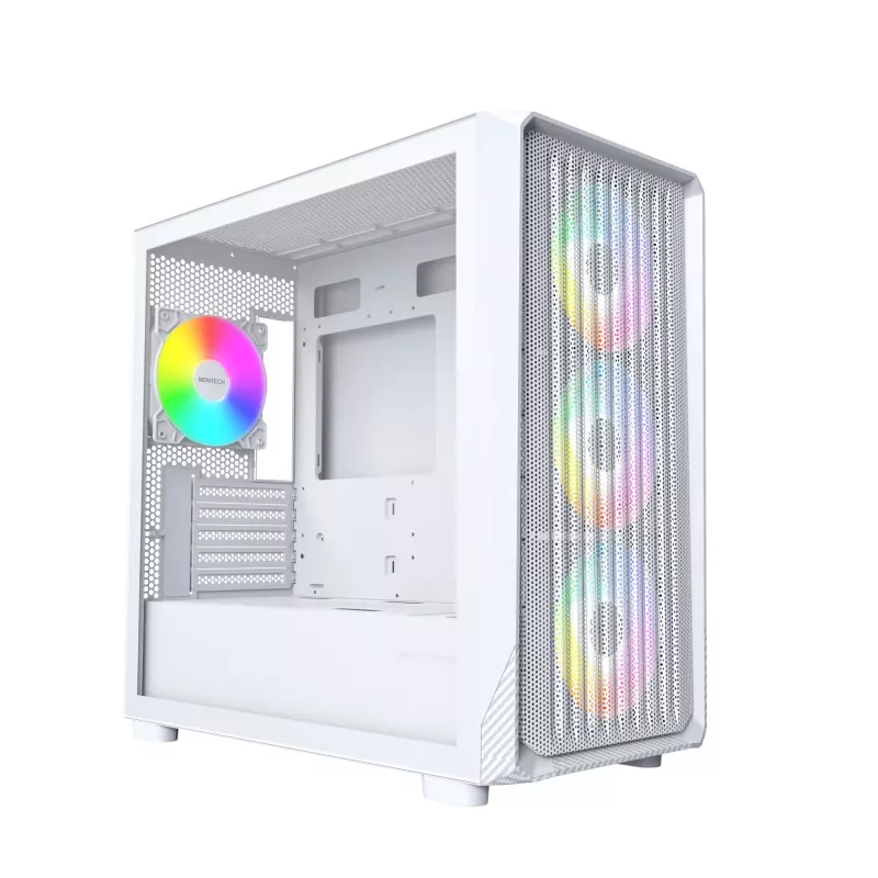 Caja de PC Montech X5M (W) Micro Tower, Blanco — Micro-ATX/Mini-ITX, compatible con fuentes ATX, 3x120 mm frontal, 1x120 mm trasero, 2 bahías de 3,5