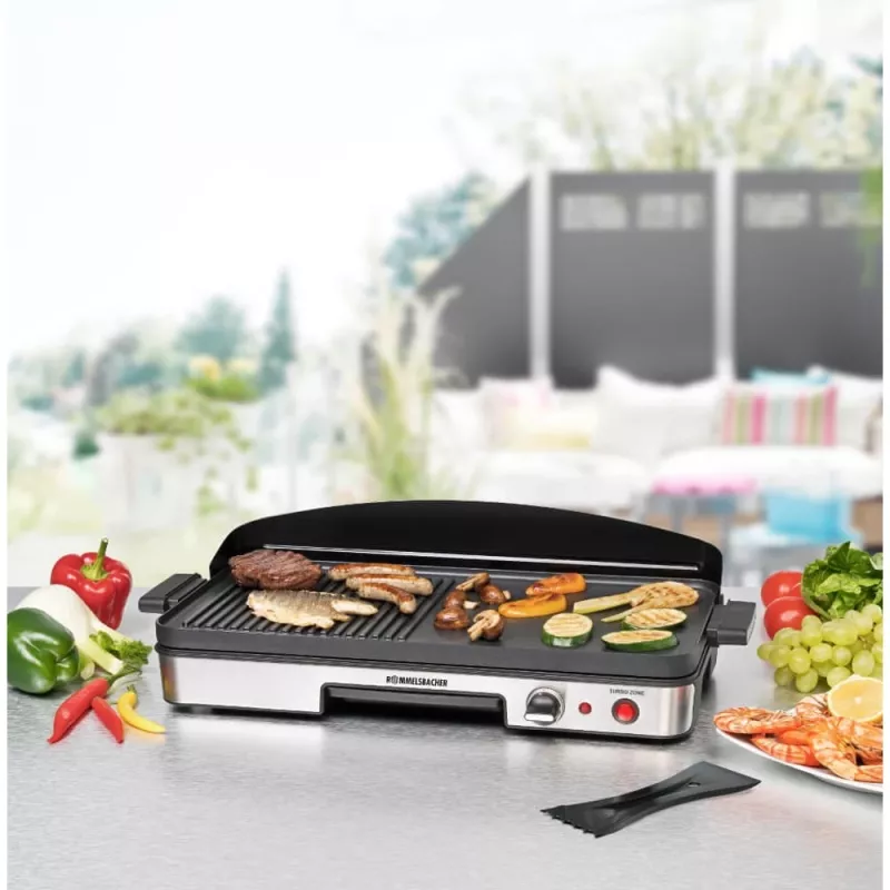 Parrilla eléctrica de mesa Rommelsbacher BBQ 2003 — 1900 W, 50×25 cm, estriada + teppanyaki, termostato continuo, plateado/negro