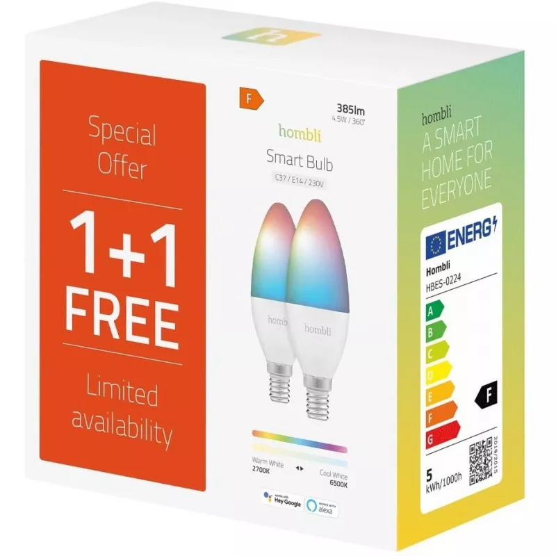 Bombilla inteligente Hombli, 4,5W, E14, RGB, CCT, pack promocional 1+1