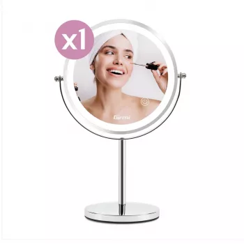 Espejo de maquillaje de pie Girmi BE02 — redondo, acero inoxidable, control táctil LED, aumento 1x/3x, recargable por USB-C (1000 mAh)