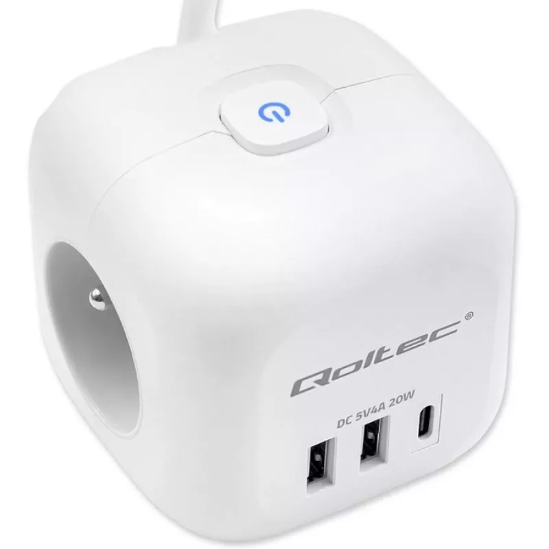 Regleta QOLTEC 52547 Power Cube 3 tomas AC, 2 USB-A, 1 USB-C PD 20W