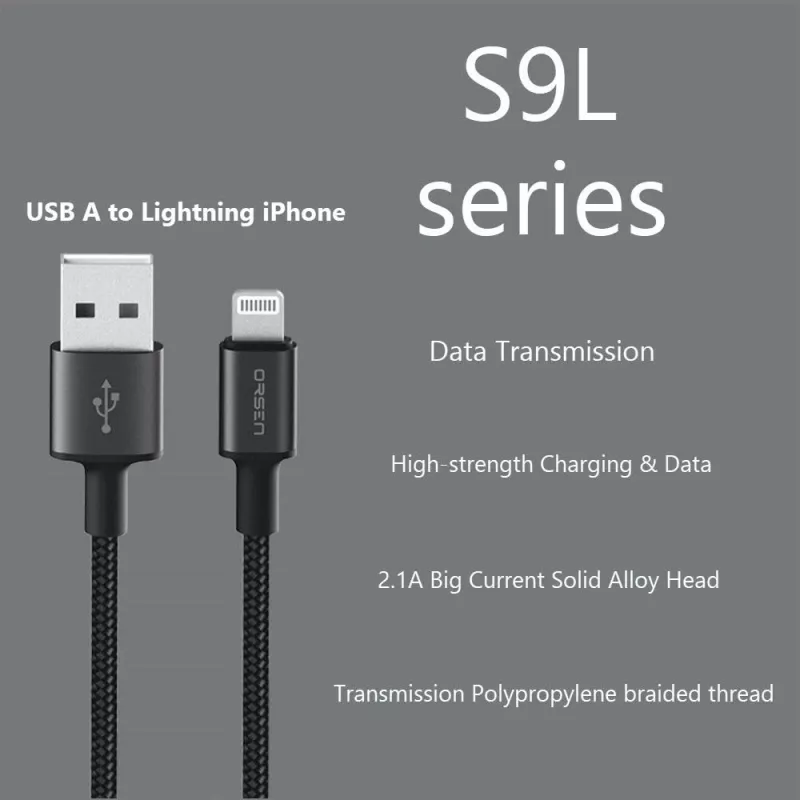 Cable USB-A a Lightning Orsen S9L 1 m 2,1A — negro
