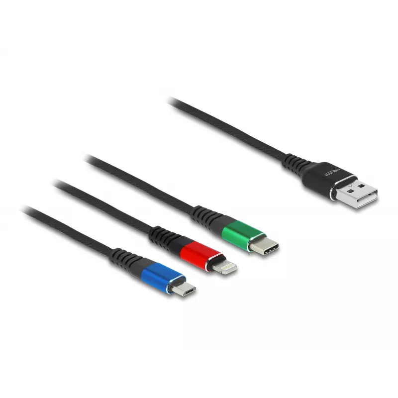 DeLOCK 90156 Cable de carga USB 3 en 1, Type-A a Lightning / Micro USB / USB Type-C, 2 m, multicolor