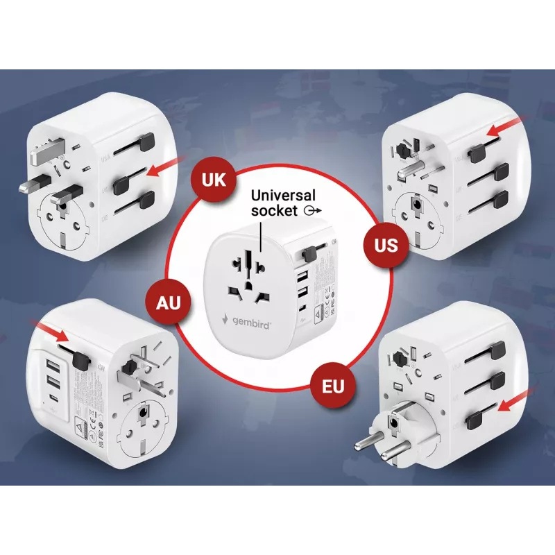 Adaptador de viaje GEMBIRD TPA-EU2A1C15-01-W – 15W, conector Type-E, 2× USB-A + 1× USB-C, 100–250V