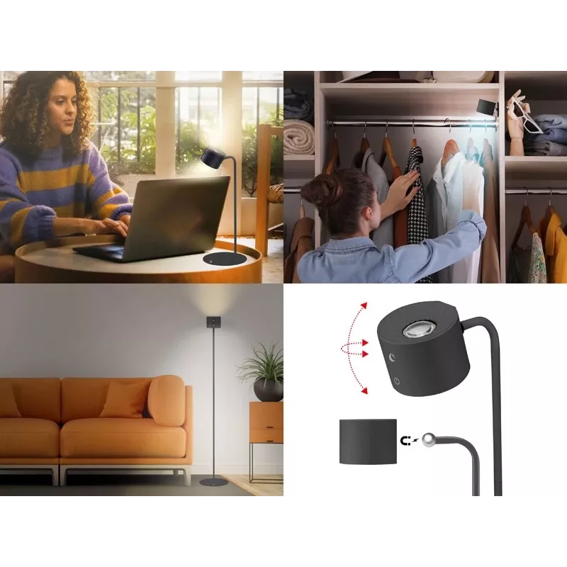 Beper P201UTP306 lámpara LED recargable de altura regulable, de pie y montable en pared, 2,3 W, regulable, negra