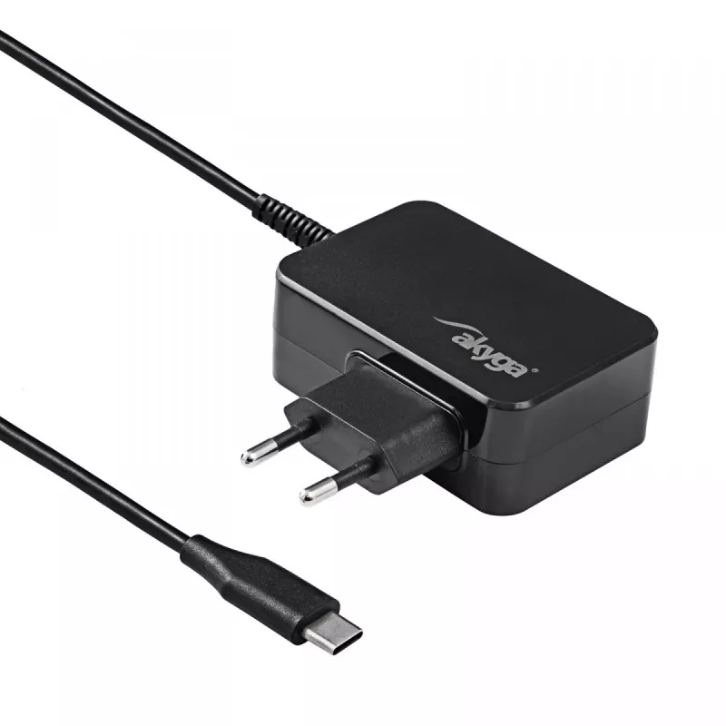 Fuente de alimentación para portátil USB-C GaN Akyga AK-ND-81 65 W, PD 3.0, 5–20 V, cable de 1,8 m, negro