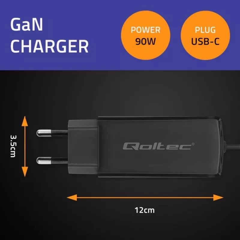 Cargador GaN 90W QOLTEC 52420 USB-C PD 5–20V 3A/4,5A salida, 220–240V entrada, cable de 1,8 m, negro