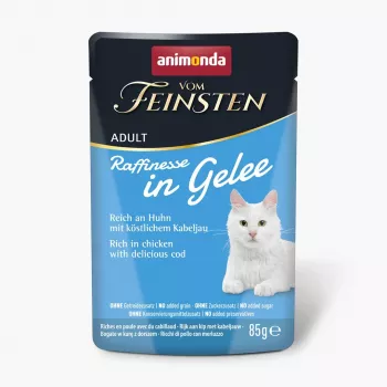 Comida húmeda para gatos animonda Vom Feinsten Adult Raffinesse en gelatina — Pollo y bacalao, 85 g, 82 % humedad, 8,5 % proteína, 5 % grasa
