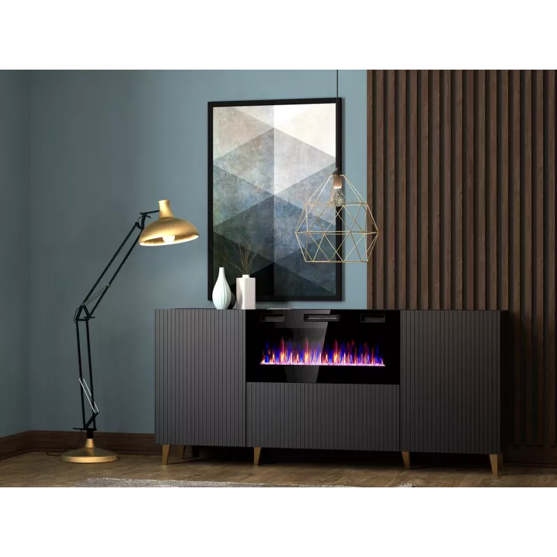 Cama Meble PAFOS cómoda con chimenea eléctrica 180x42x82 cm negro mate