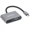 Manhattan Dock/Hub USB-C, puertos (x4): HDMI, USB-A, USB-C y VGA, con Power Delivery (PD) 87W – se requiere cargador USB-C externo (no incluido). Alimentado por USB (no requiere fuente de alimentación externa) cuando no se utiliza PD, aluminio