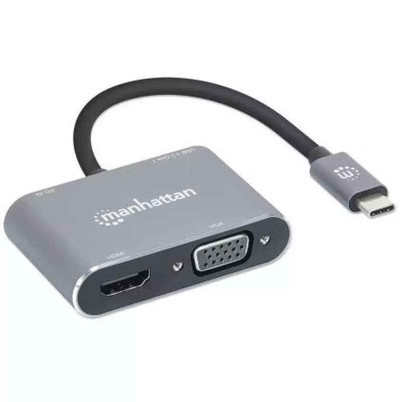Manhattan Dock/Hub USB-C, puertos (x4): HDMI, USB-A, USB-C y VGA, con Power Delivery (PD) 87W – se requiere cargador USB-C externo (no incluido). Alimentado por USB (no requiere fuente de alimentación externa) cuando no se utiliza PD, aluminio