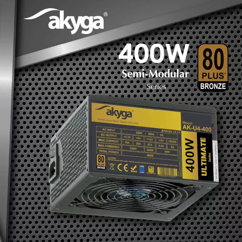 Fuente de alimentación ATX Akyga AK-U4-400 Ultimate 400 W, 80 PLUS Bronze, PFC activo, ventilador de 120 mm