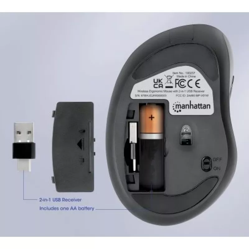 Manhattan Ratón inalámbrico ergonómico, para diestros, 800/1200/1600 dpi ajustables, 2,4 GHz (hasta 10 m), seis botones con rueda de desplazamiento, receptor combo USB-A y USB-C, negro, pila AA (incluida), tres años de garantía