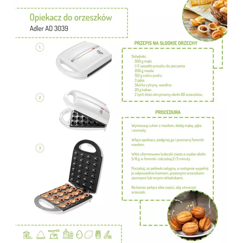 Gofrera Adler AD 3039 — 24 gofres, 1600 W, blanca, antiadherente, asas que no se calientan