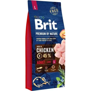 Pienso seco Brit Premium by Nature ADULT L 15 kg — pollo, razas grandes, proteína 27%, grasa 14%