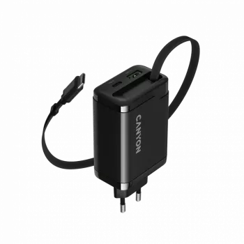 Cargador CANYON OnCharge 65RC con cable USB-C integrado, 65 W, 1x PD, 1x QC, conector EU, negro