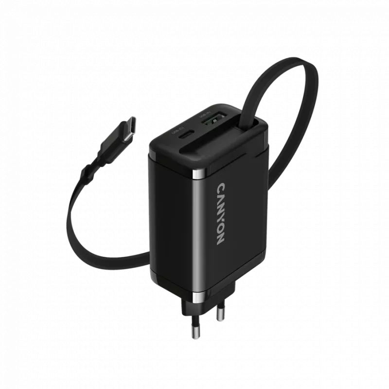 Cargador CANYON OnCharge 65RC con cable USB-C integrado, 65 W, 1x PD, 1x QC, conector EU, negro