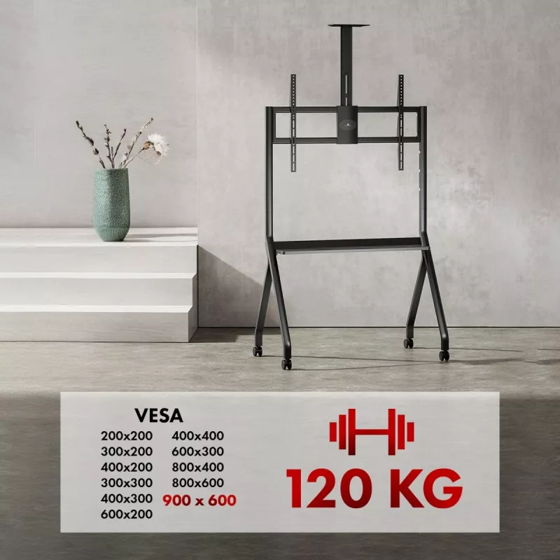 Soporte de TV MACLEAN MC-114 B soporte de suelo portátil para pantallas de 55–100 inch, carga máx. 120 kg, VESA 200x200–900x600, altura 115–152 cm, negro, estante