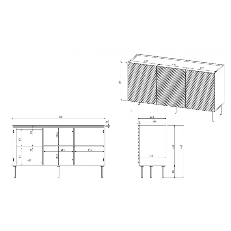Cómoda 3D2SZ ONDA 150x45x85 negro
