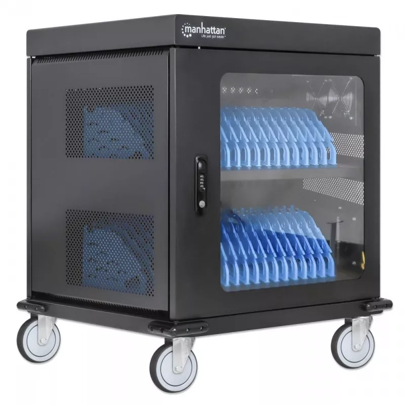 Carro de carga/ carrito para portátiles Manhattan con adaptador de CA (UE) 32 compartimentos, instale el adaptador de CA (cable de alimentación) del dispositivo en el dispositivo, apto para TODOS los portátiles (hasta 15,6