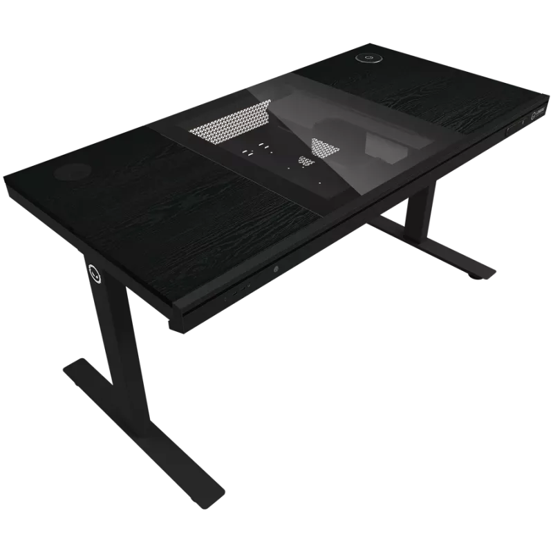 Mesa gaming de altura ajustable sentado/de pie con doble motor, caja de PC integrada, cargador inalámbrico, iluminación RGB, panel de control y puertos USB, tablero de melamina PB, negro