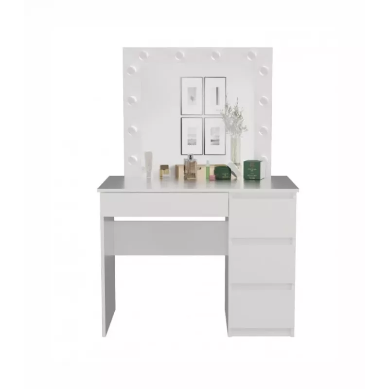 Conjunto de tocador MIJAS, lado derecho, top e shop — mesa 98×76×51 cm, 4 cajones, espejo LED, blanco, altura 1460 mm