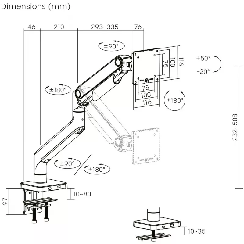 Soporte de monitor DIGITUS Single, pinza, para hasta 49 inch (124,5 cm), 20 kg, VESA 75x75–100x100, inclinable -20° a 50°, altura ajustable, negro