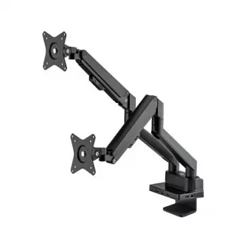 Manhattan Soporte de escritorio dual para TV y monitores (Full Motion con resorte de gas) con dock integrado, para pantallas de hasta 27 pulgadas, conexiones (x7): Ethernet, HDMI (x2), USB-A (x3) y USB-C, Power Delivery (100 W) al puerto USB-C (se requiere fuente de alimentación/cable USB-C por separado), VESA: 75x75 y 100x100 mm
