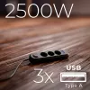 Regleta de enchufes MACLEAN MCE394 B — 3 tomas + 3×USB A, 110–240V, 2,1A USB, 2500W, cable 1,5 m, negro