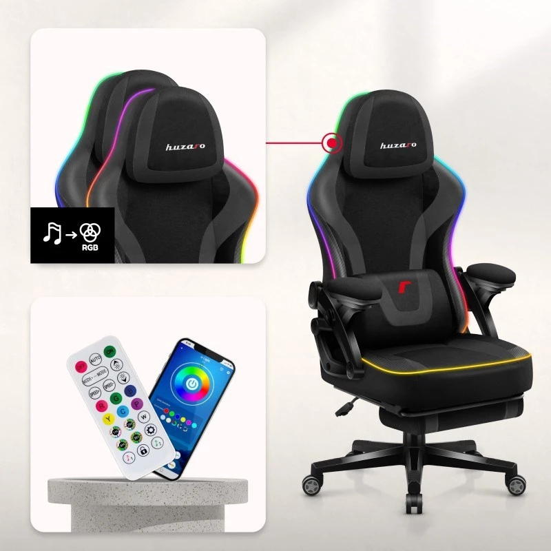 Silla gaming huzaro HZ-FORCE 4.6 RGB negra Mesh — ergonómica, altura ajustable, iluminación RGB, asiento de tela, máx. 130 kg