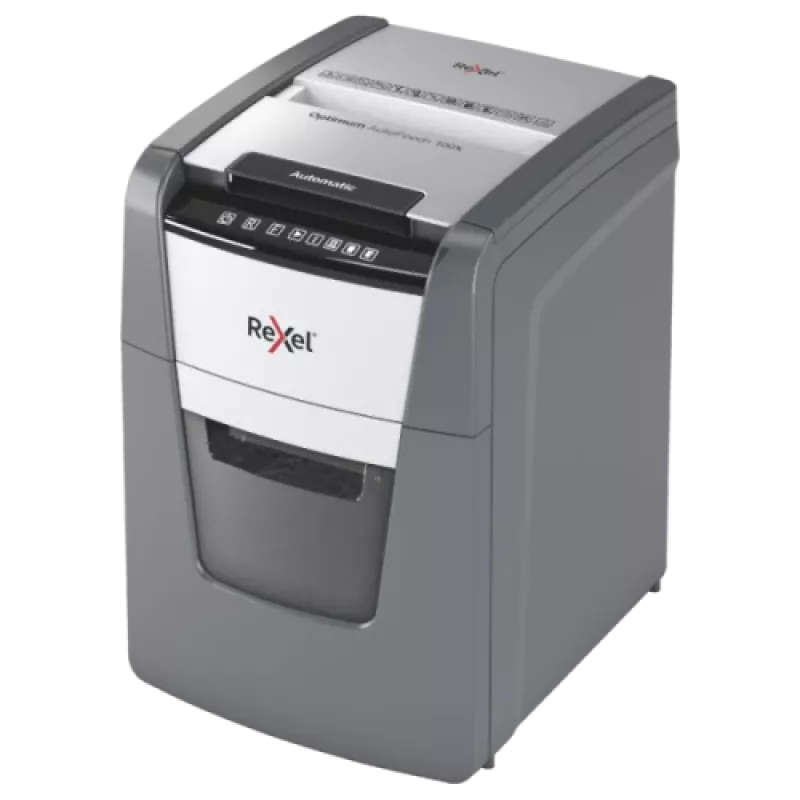 Rexel Optimum AutoFeed+ 100X destructora de papel, corte en partículas P-4 4x28 mm, 100 hojas, papelera de 34 L