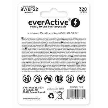 Batería recargable everActive EVHRL22-320 9V NiMH prismática 8,4V, 55 g, 48,5 mm