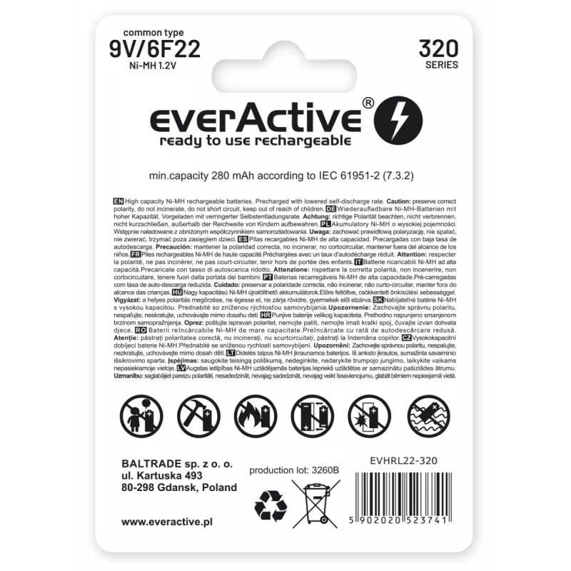 Batería recargable everActive EVHRL22-320 9V NiMH prismática 8,4V, 55 g, 48,5 mm