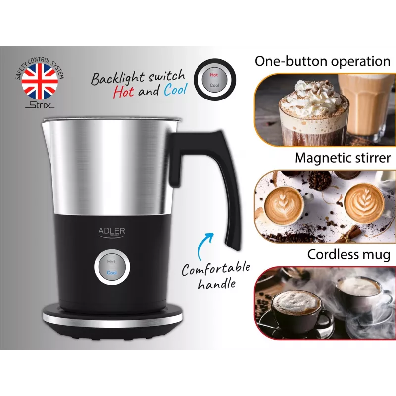 Espumador de leche automático Adler AD 4497 – acero inoxidable, 600W, 120 ml de espuma / 300 ml de calentamiento, caliente y frío